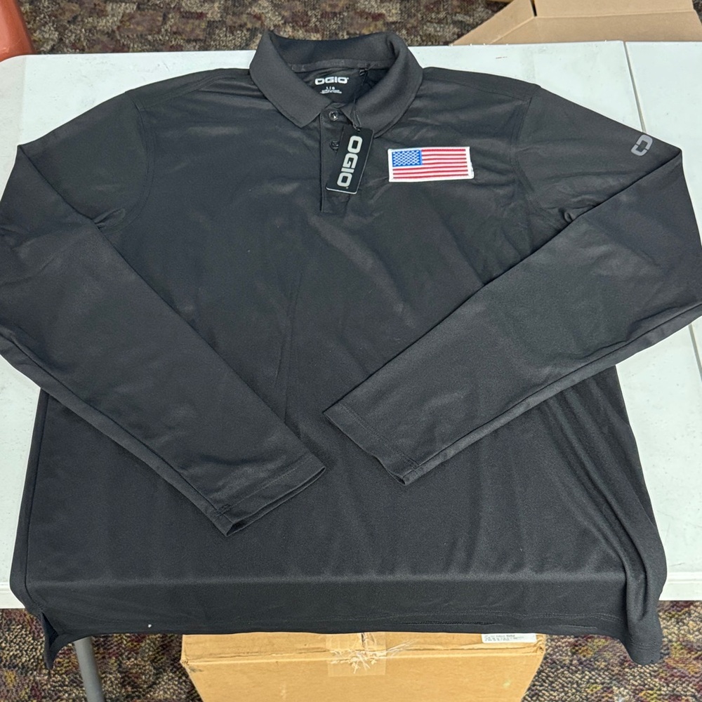 OGIO Black Polo Shirt with American Flag Patch